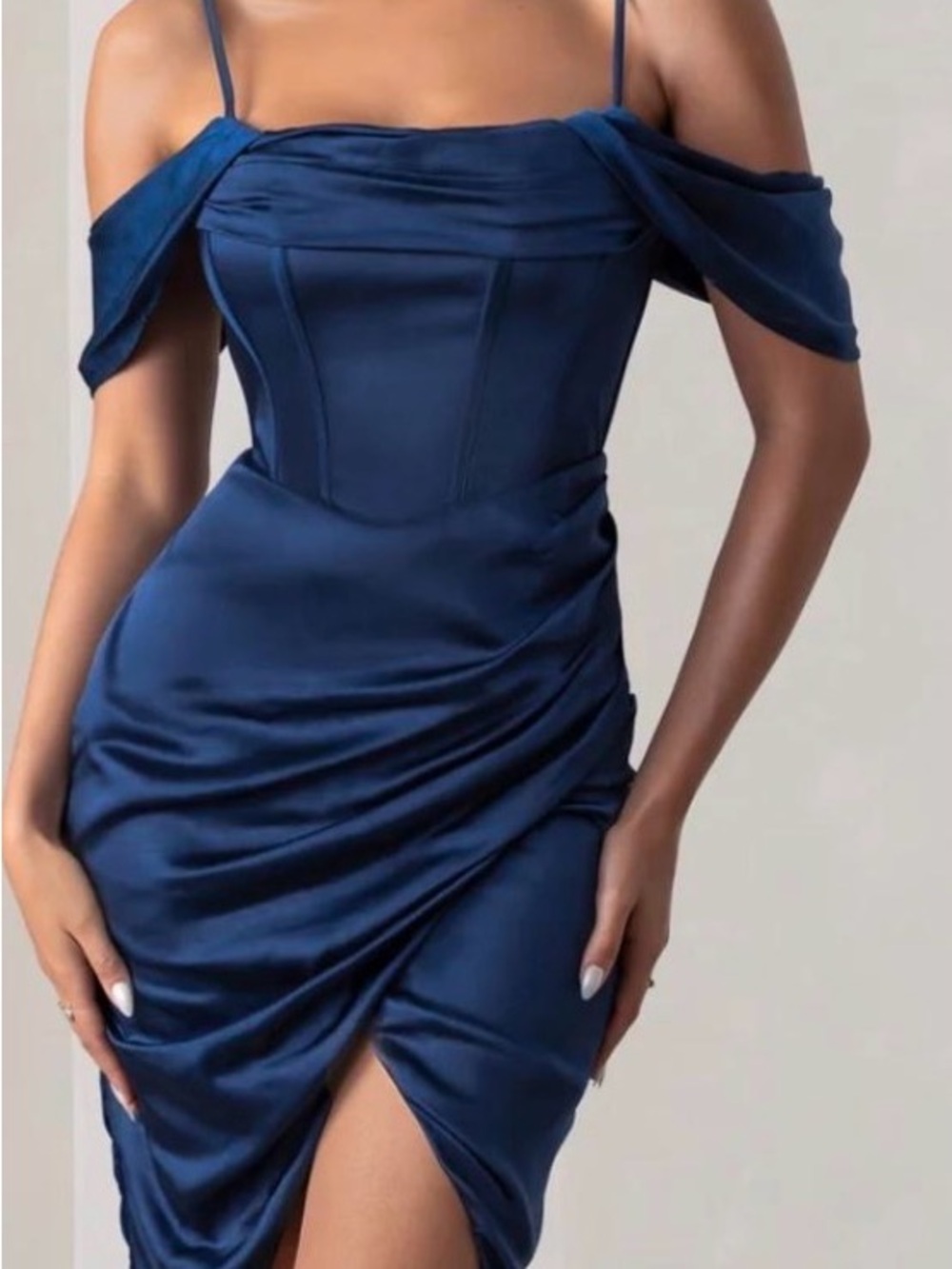 Club L London Midnight Blue Satin Off-Shoulder Midi Dress